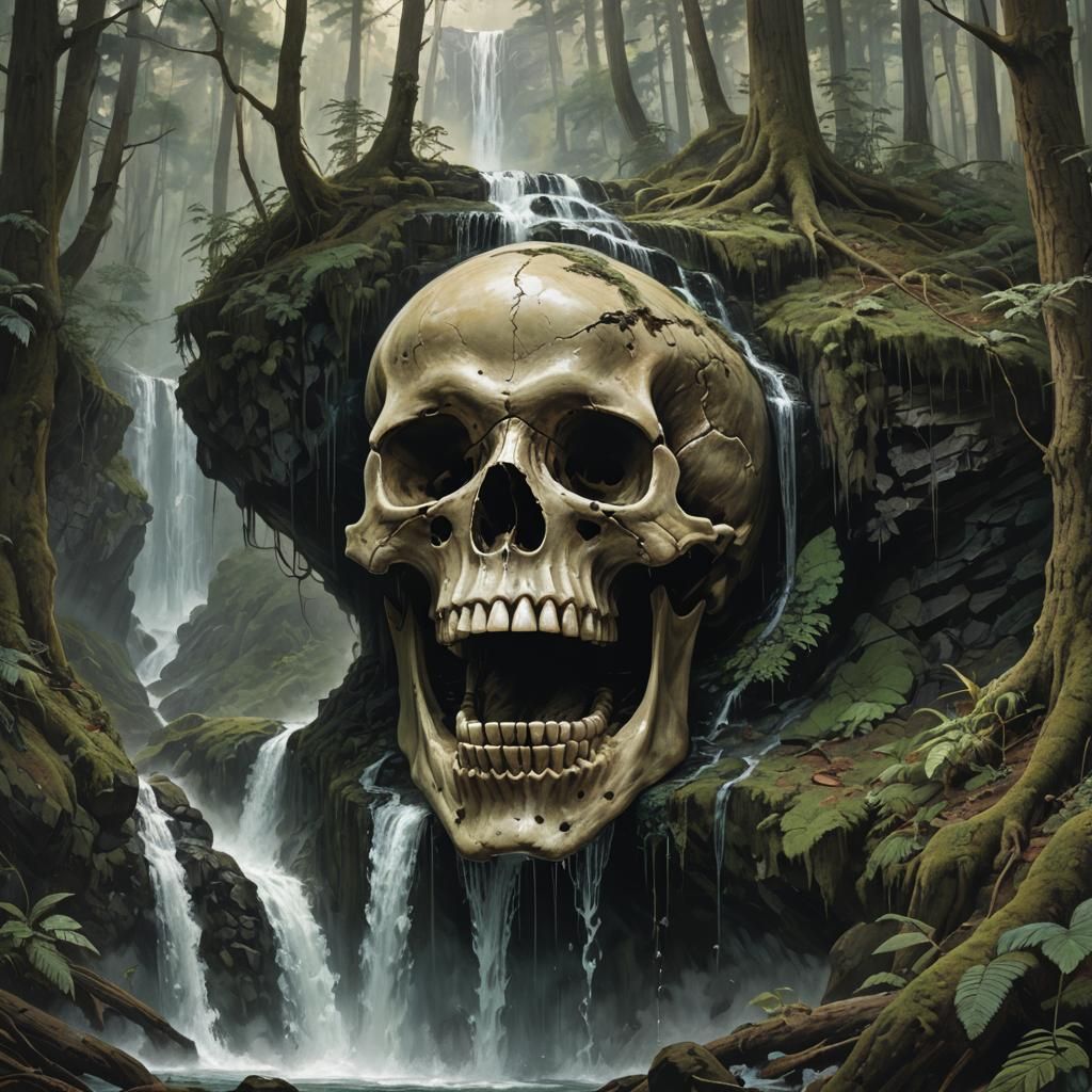 Waterfall Emerging from Enormous Skull in Forest