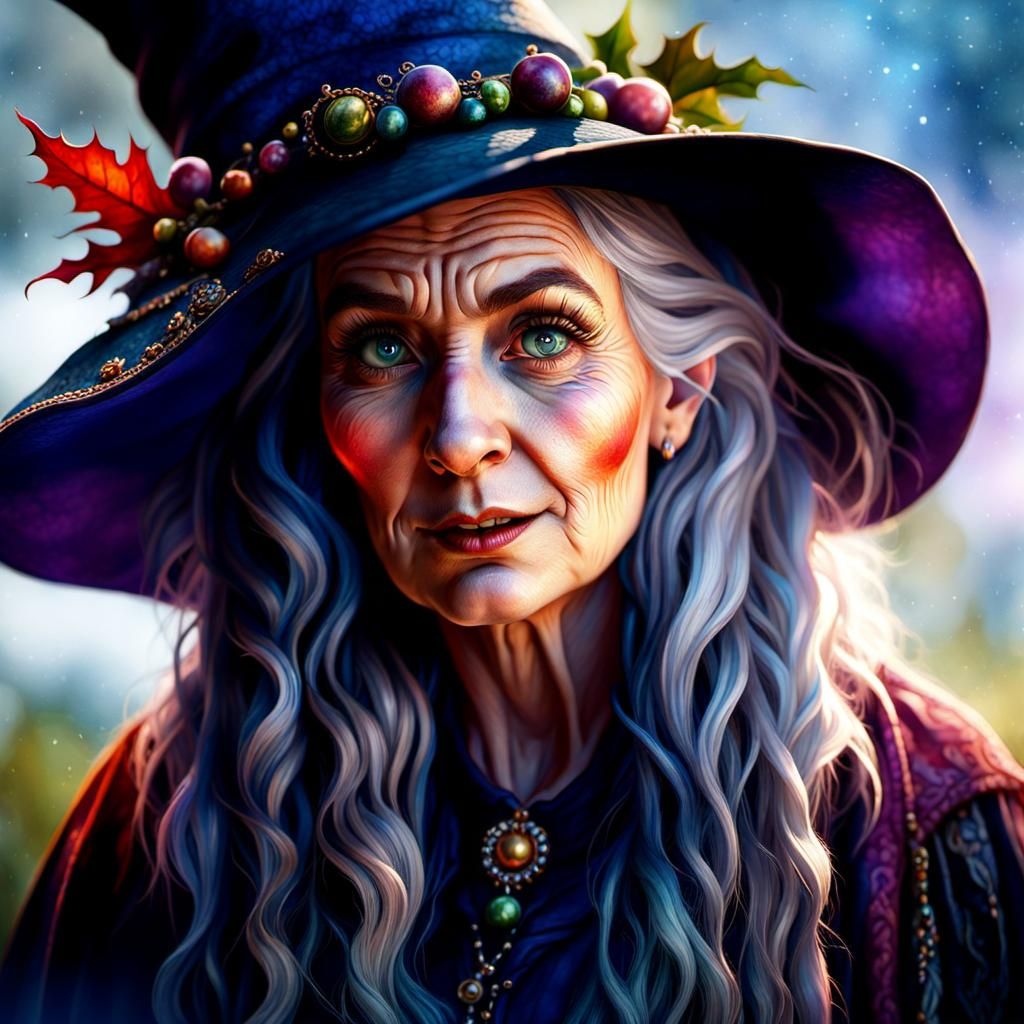 Whimsical Witch Portrait in Watercolour Style