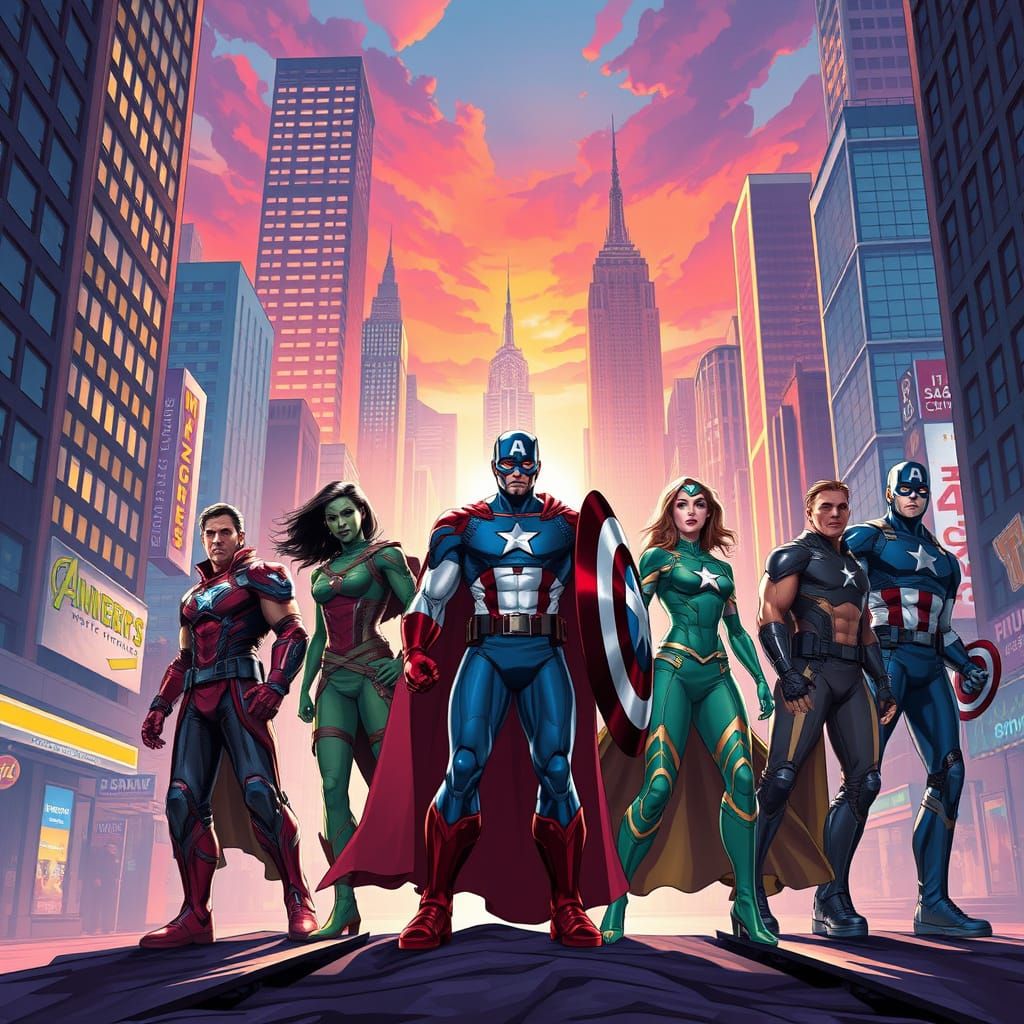 Avengers Assemble in Vibrant Cityscape Art