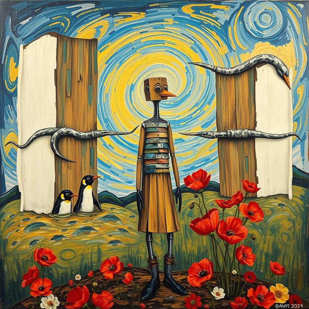 Surreal Figure of Wood, Metal, Paper in Van Gogh Style