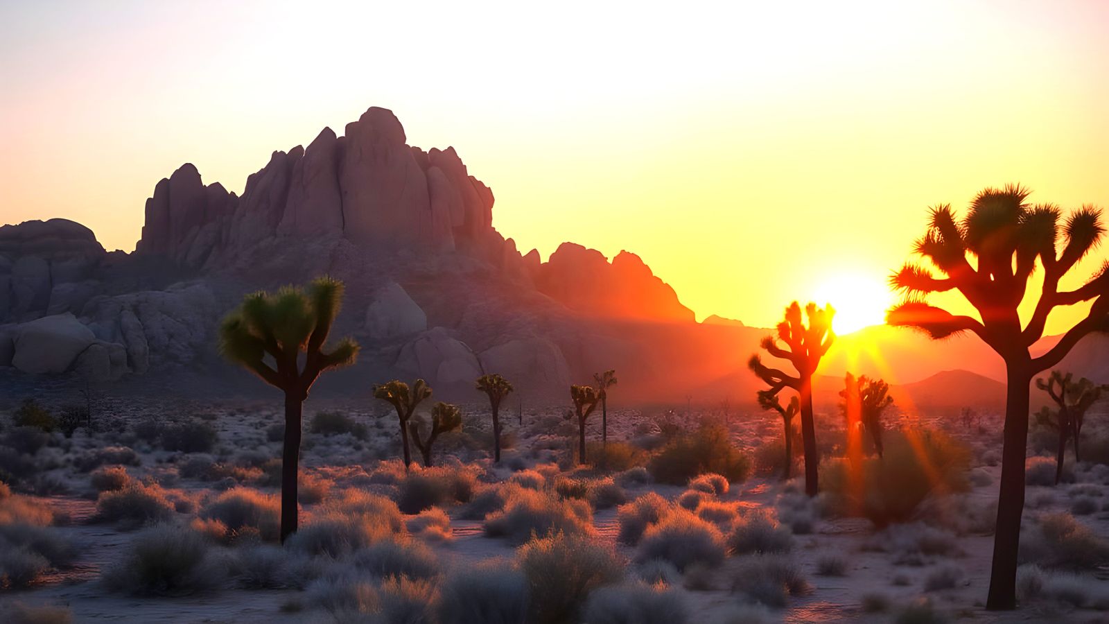 Vibrant Sunrise in Desert Landscape, as Ukiyo-e Woodblock Pr...