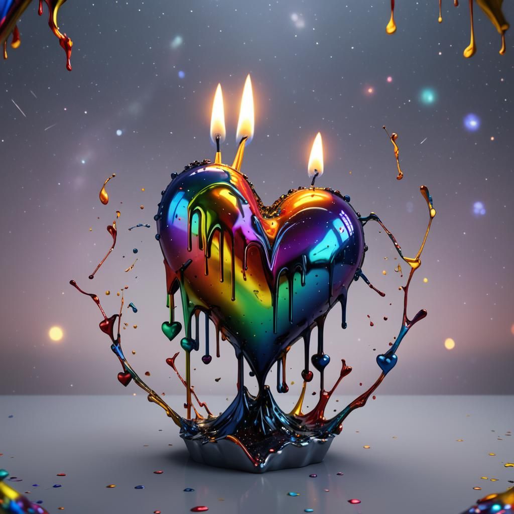 Fantastical Metallic Heart Melts into Rainbow Flame Amidst S...