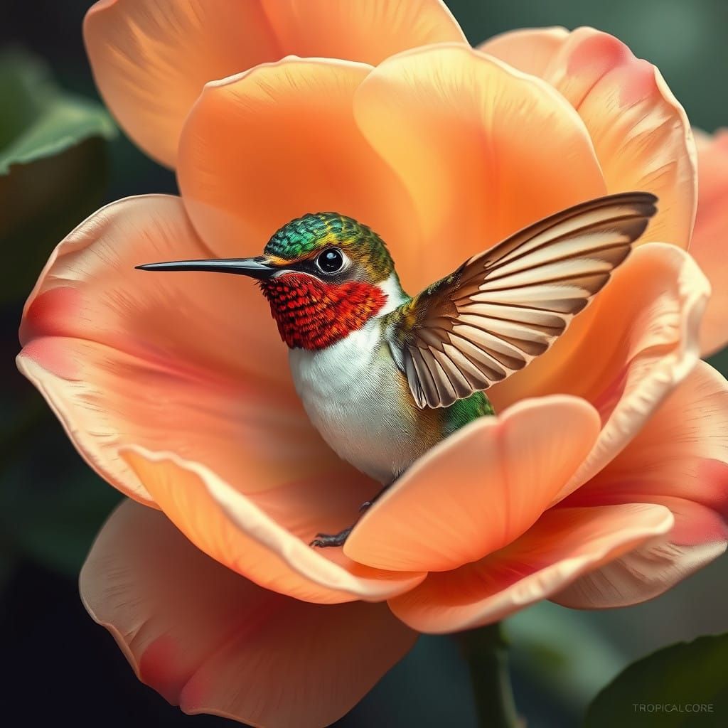 Vibrant Tropical Hummingbird in Floral Sanctuary, Digital Ar...