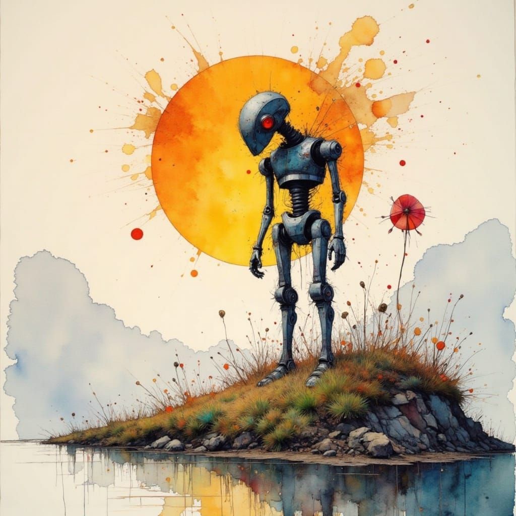 Giant Robot Sunrise: Charcoal and Watercolor Fusion
