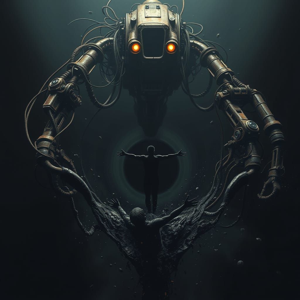 Monstrous Machine Consumes Human in Black Hole Vortex