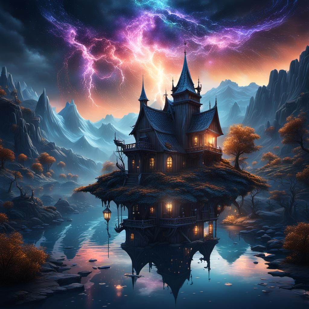 Shooting Stars Rain Over Lake: Detailed Matte Painting