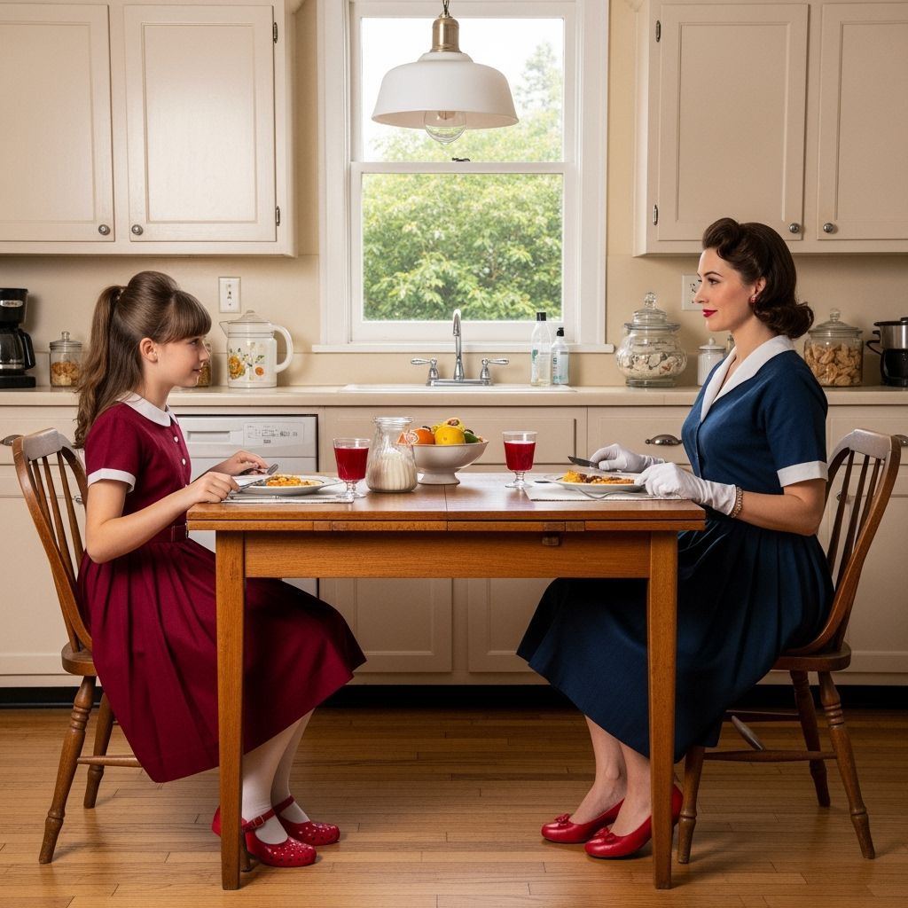 1950s Kitchen Scene: Mother and Daughter Sharing a Meal