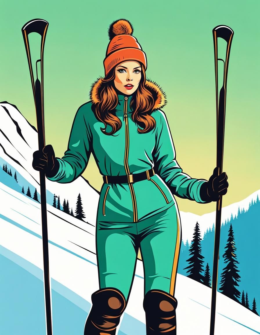 Retro Skiing: Comic Style Art of Young Woman