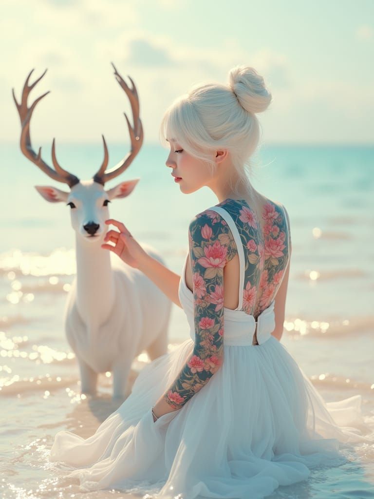 Albino Girl with Deer on White Sand: Surreal 3D Art