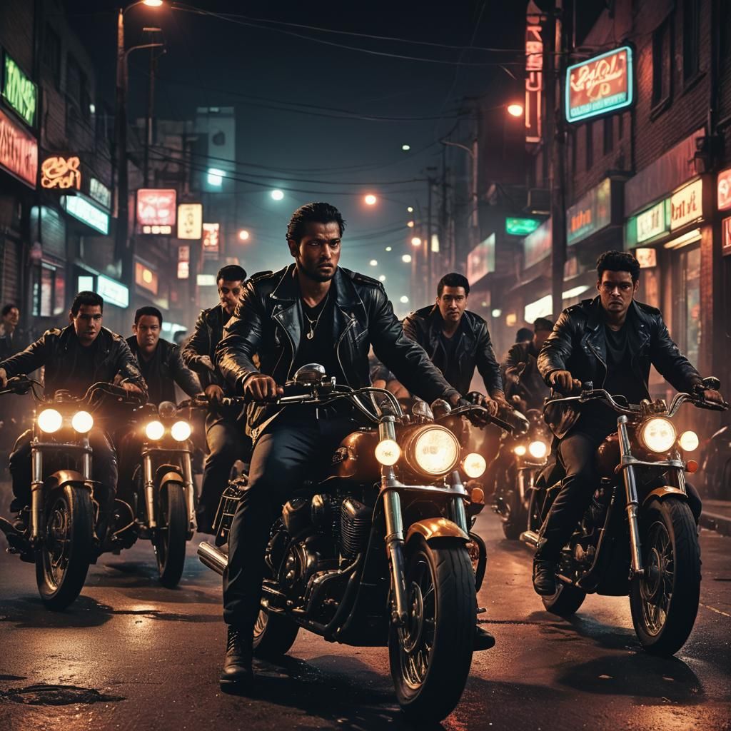 Gangsters on Motorcycles in Dark Neon Streets