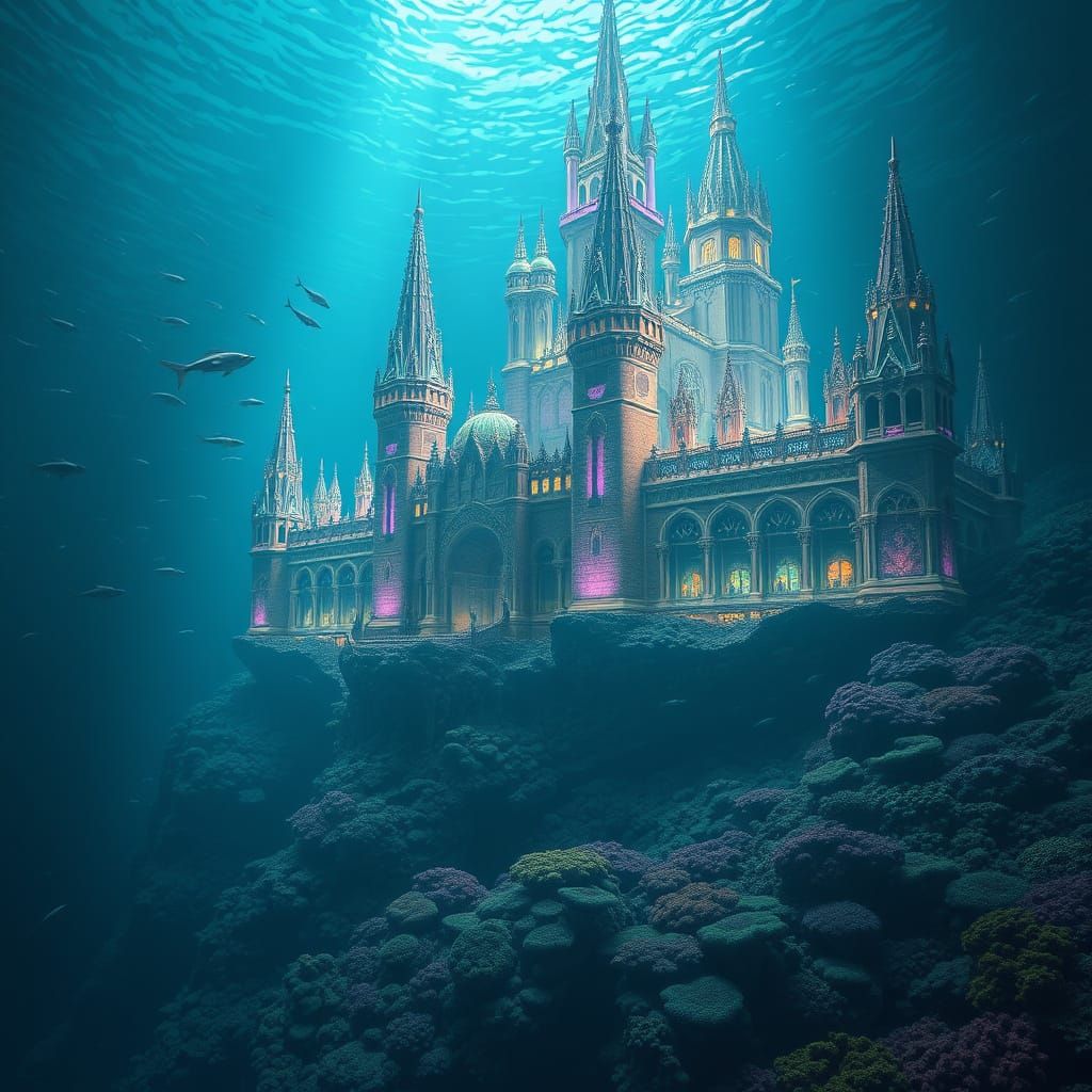 Colossal Coral Palace with Merfolk in Deep Sea
