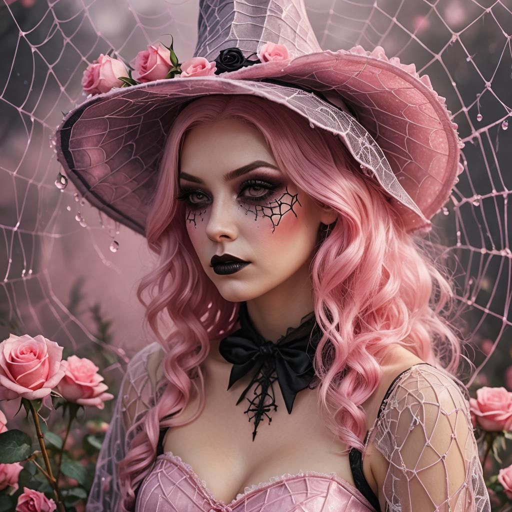 Pink Witch Portrait with Spiderwebs in Retro Style
