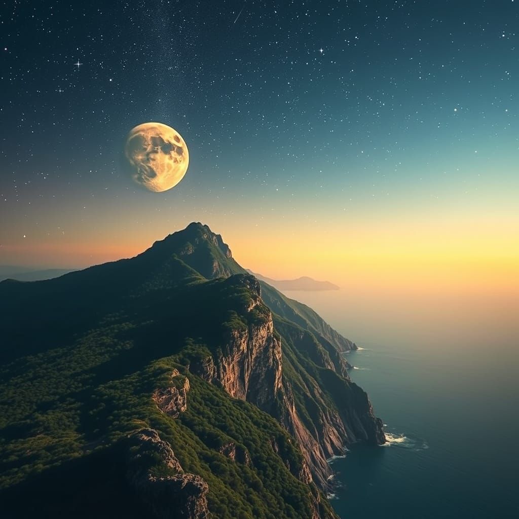 A coastal mountain peak under a crystal-clear starry sky