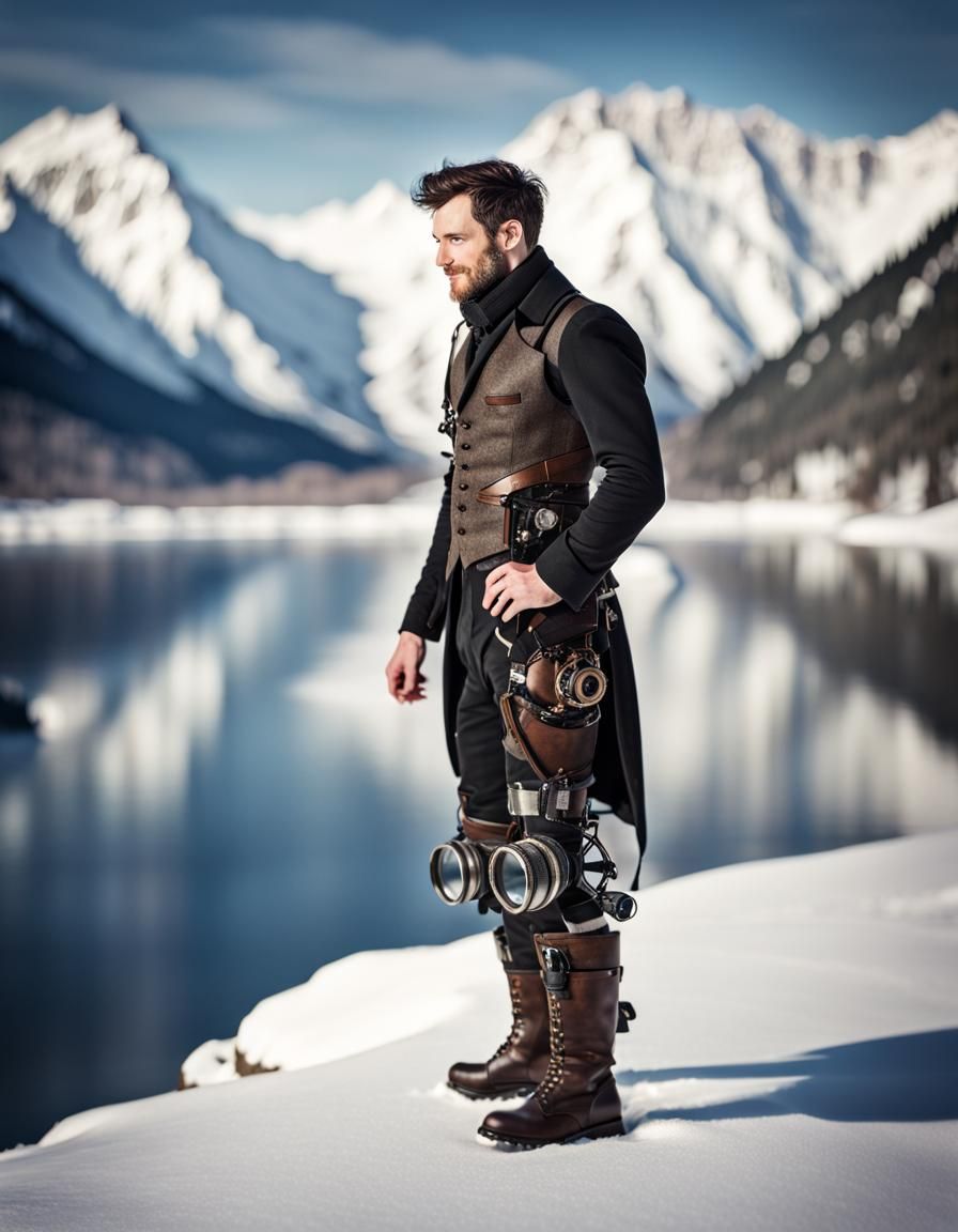 Short Dark haired man in leg braces. Engineer Steampunk. Winter Mountain lake.
Dynamic details. Intricate details. Reali...