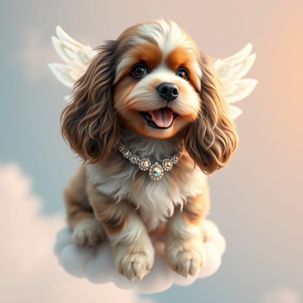 Whimsical Angelic Cocker Spaniel Puppy on Cloudy Heaven