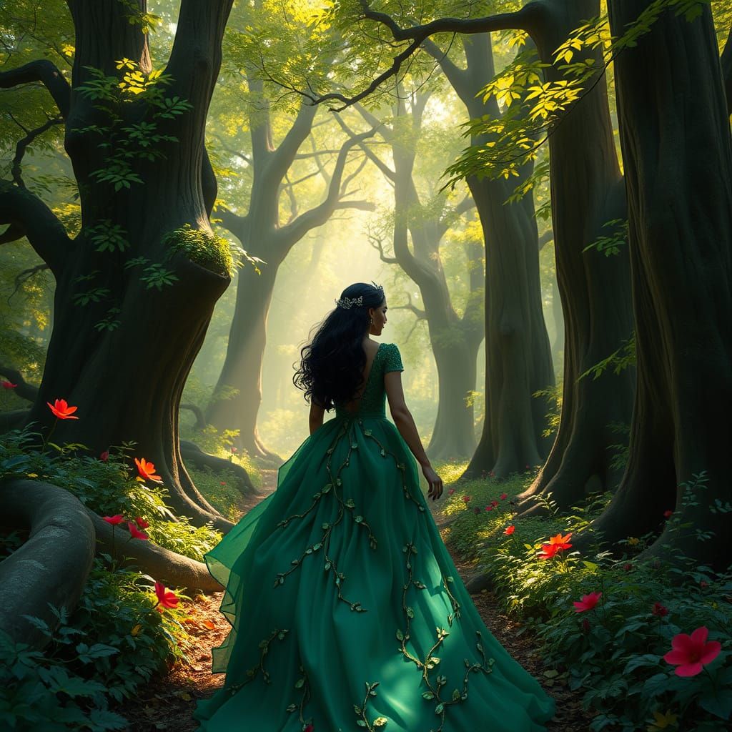 Mystical Forest Princess in Emerald Gown
