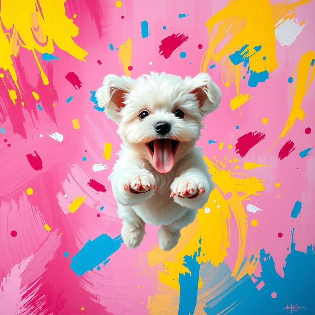 Whimsical White Puppy Soars in Vibrant Abstract Scene