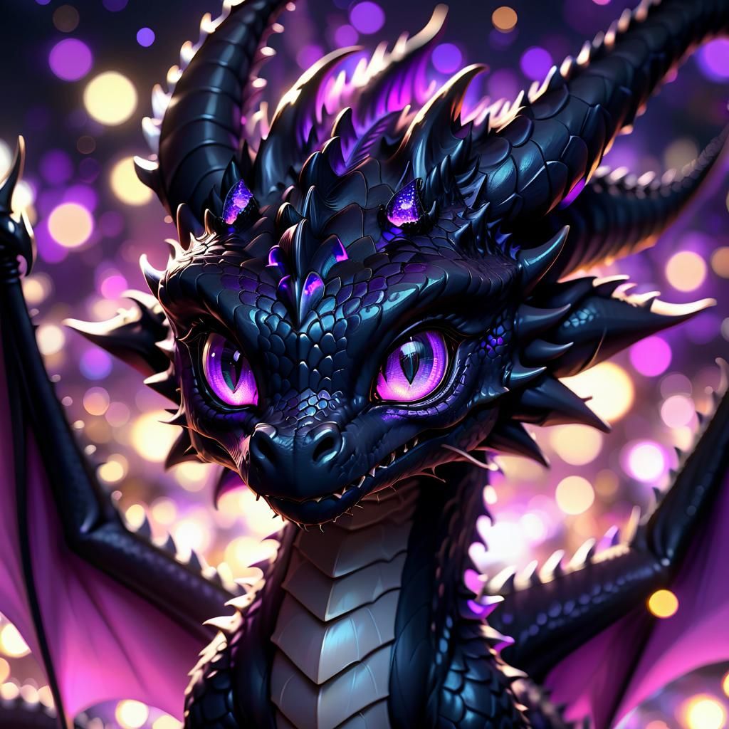 Adorable Black Dragon Portrait with Purple Eyes
