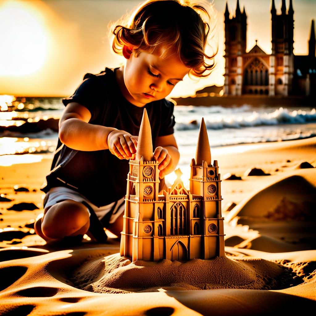 Toddler Builds Sandcastle Abbey in Naive Art Style