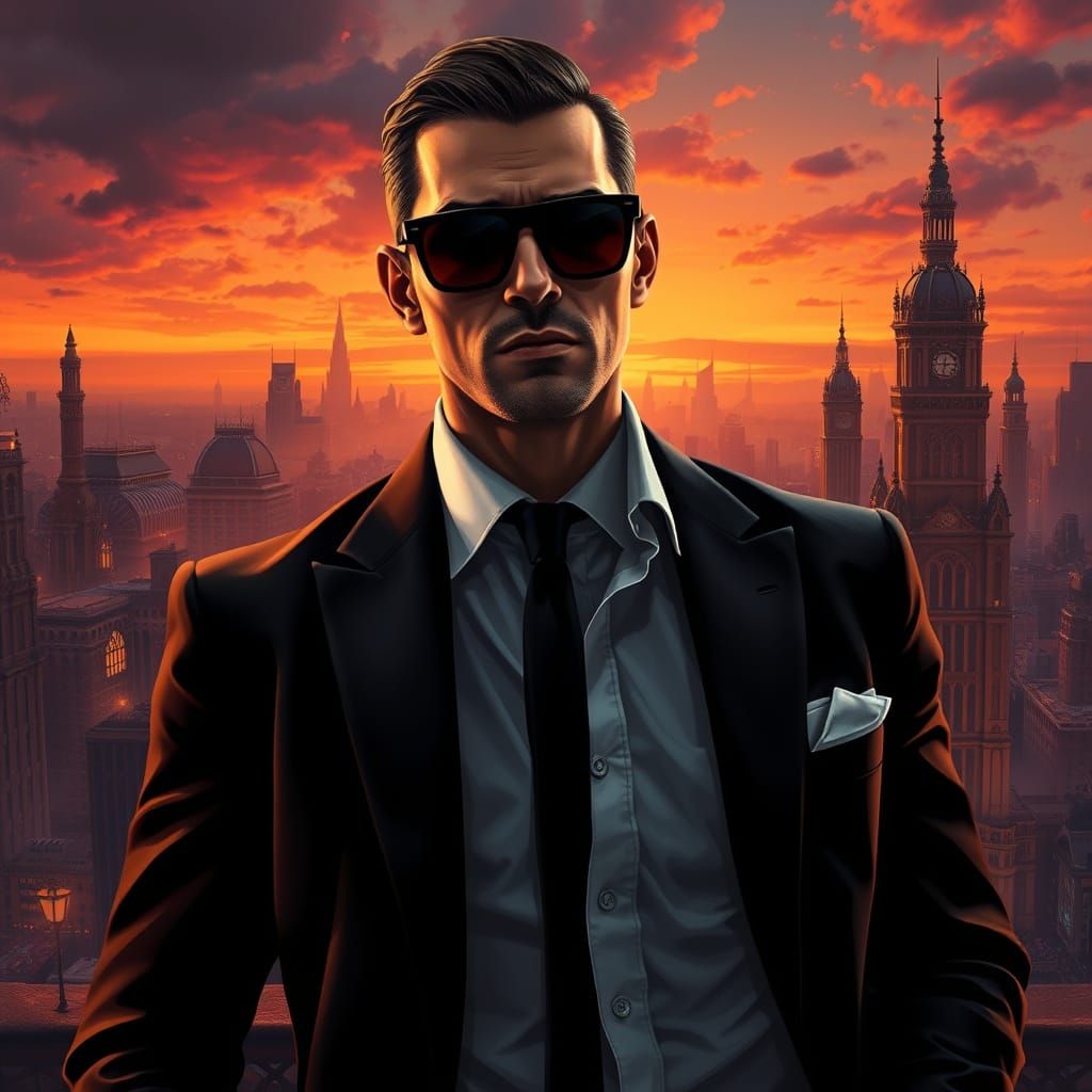 Mafia Godfather in Cyberpunk Cityscape