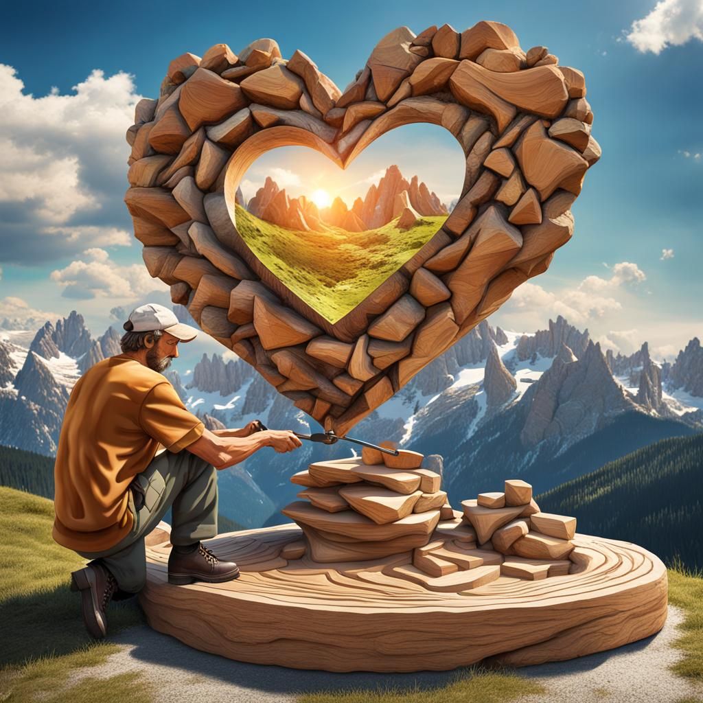 Woodcarver Creates a Heart in the Alps