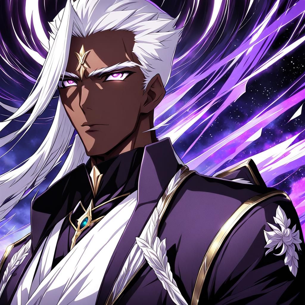 Anime Style Man with White Hair and Purple Eyes