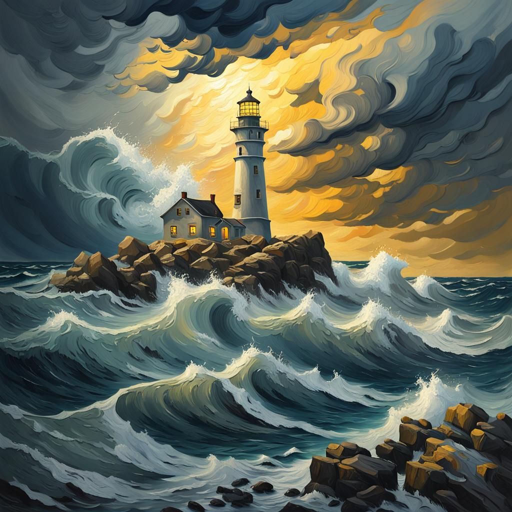 Lighthouse in Storm: Van Gogh-Inspired Oil Painting