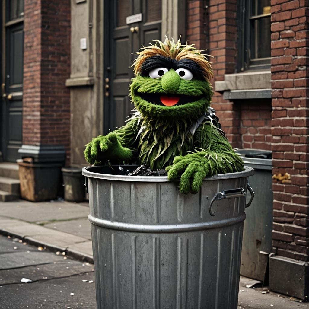 Oscar the grouch in his trashcan on Sesame Street.