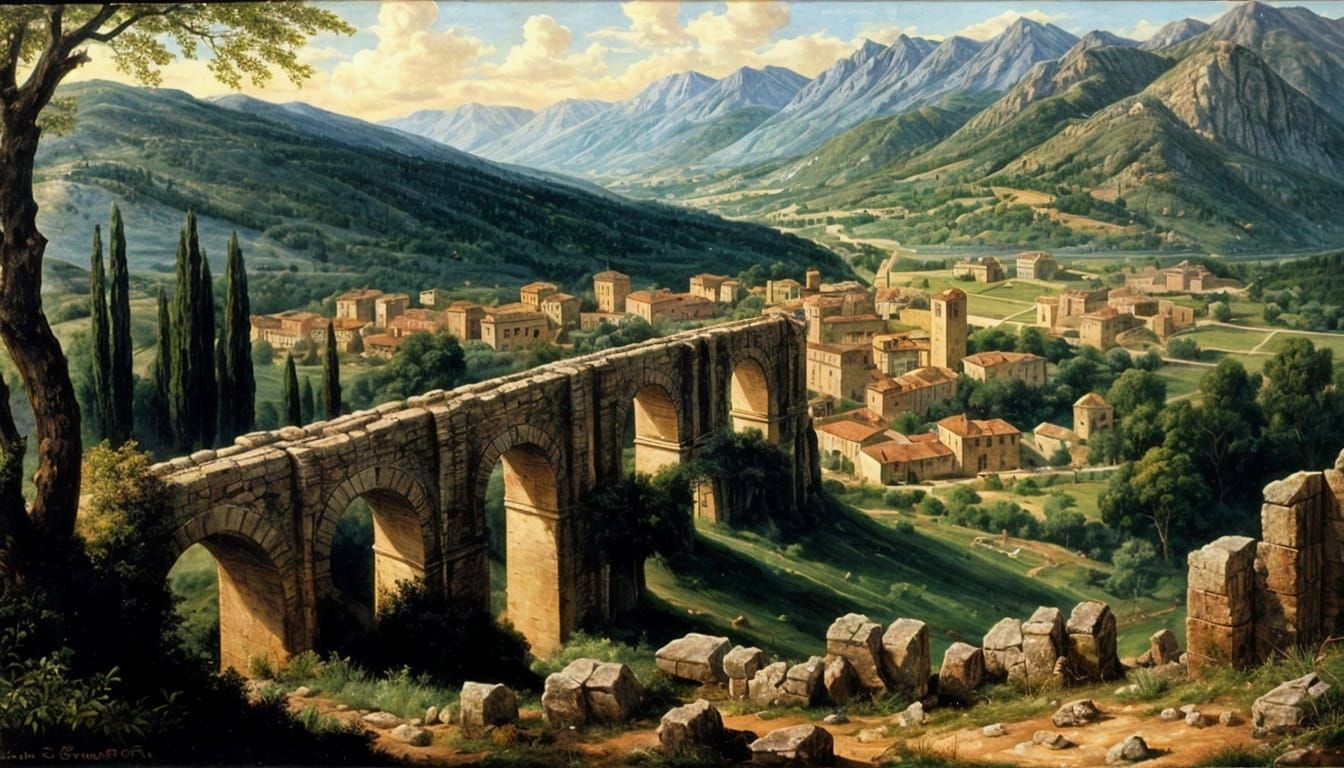 Roman Aqueduct Ruins in Romanticism Style