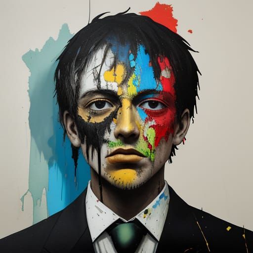 Figure Amidst Collage in Vibrant, Mixed Media Art