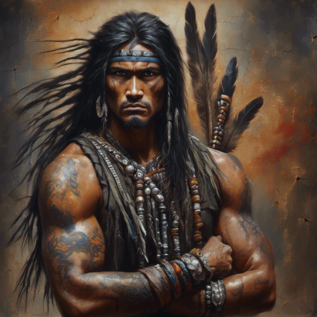 Indigenous Warrior Portrait on Cracked Canvas