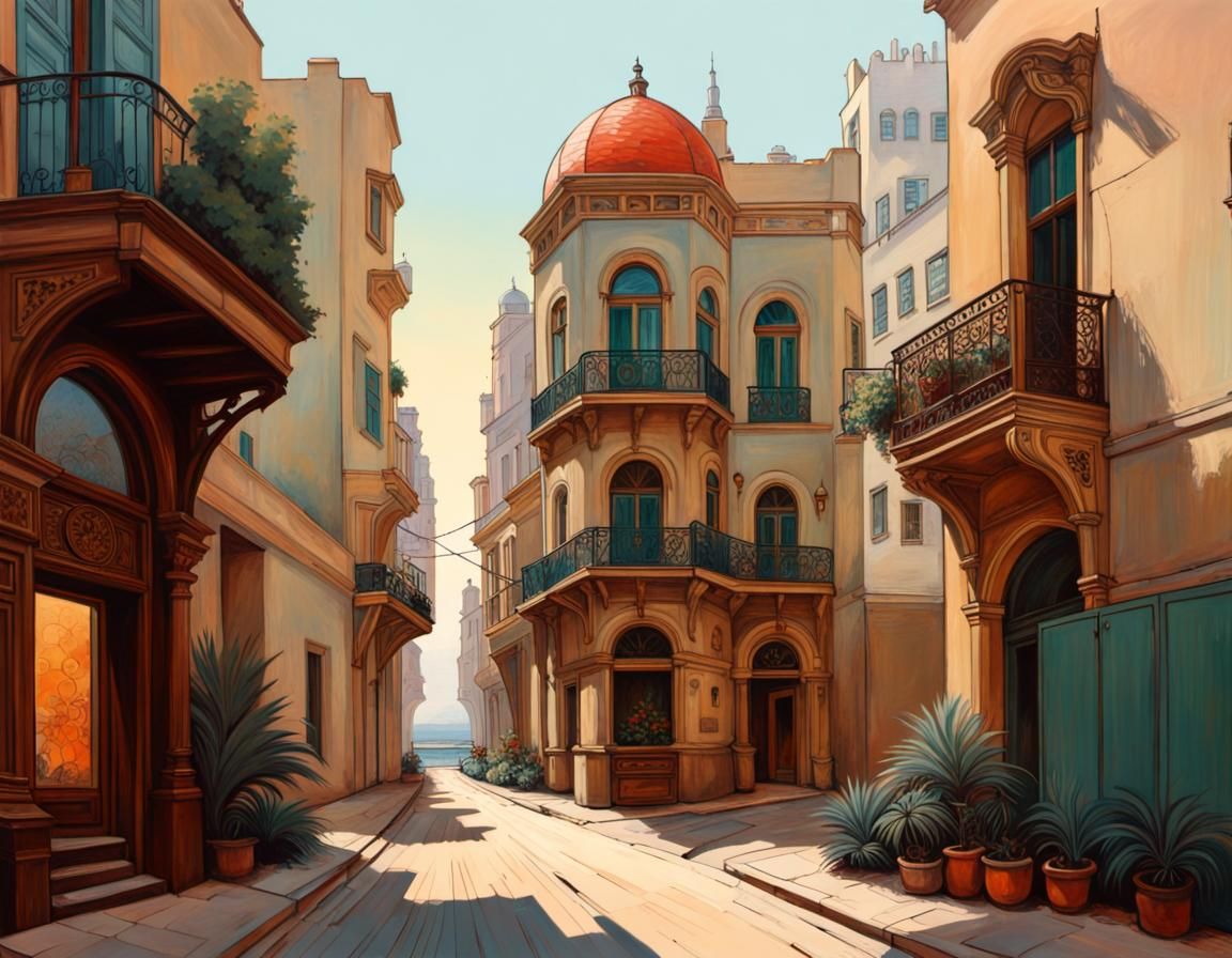 Tel Aviv Street Scene in Art Nouveau Style