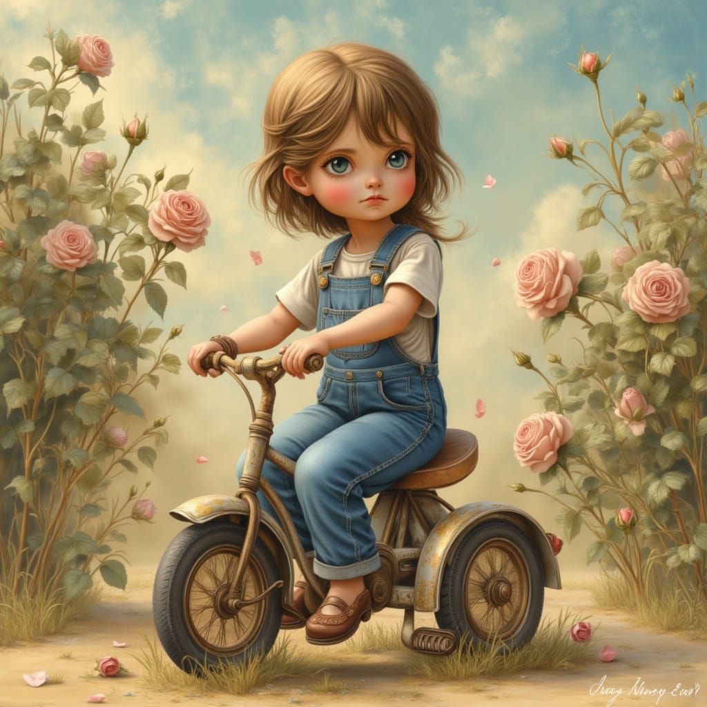 Girl on Tricycle in Nostalgic Vintage Style