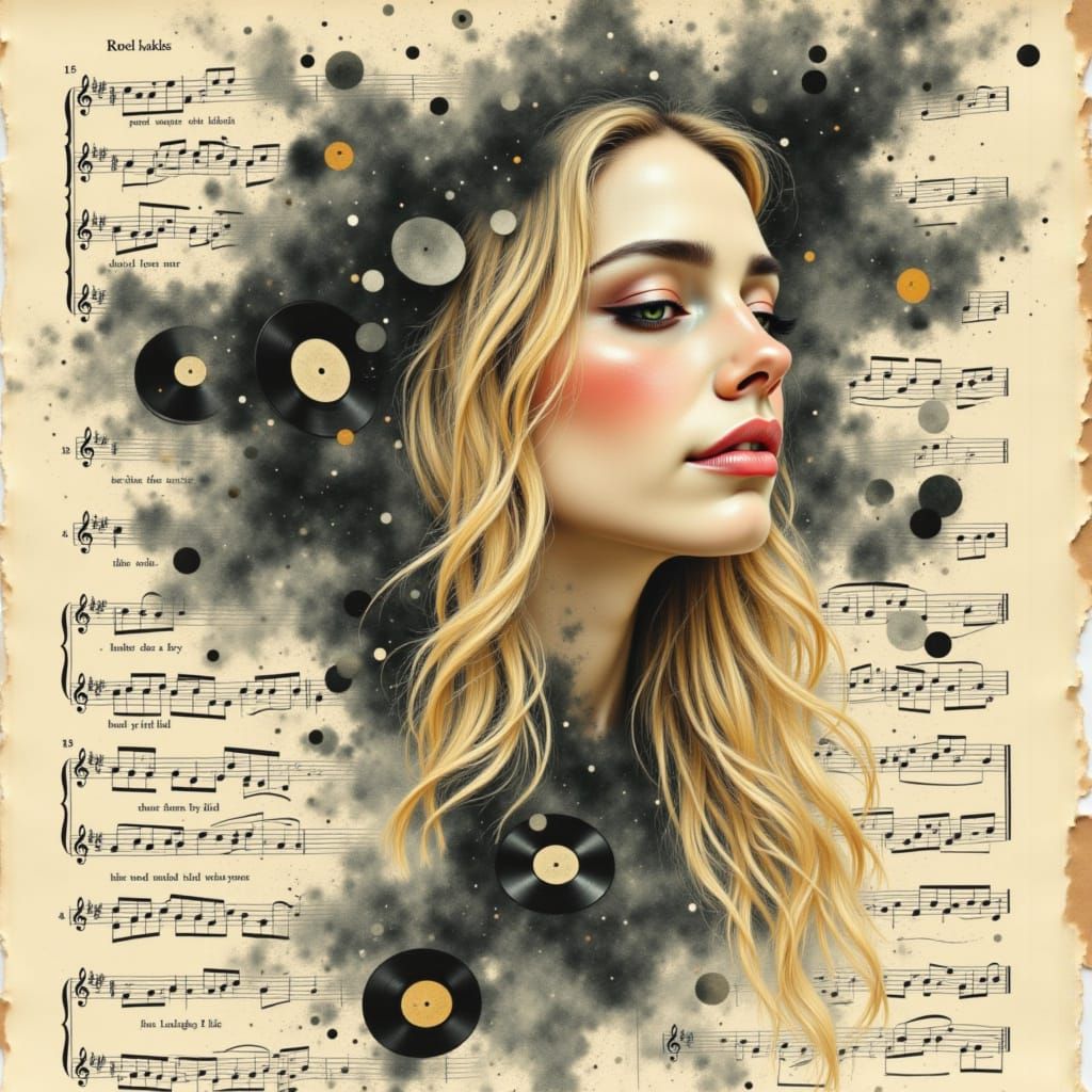 Watercolor Portrait of Woman with Musical Score