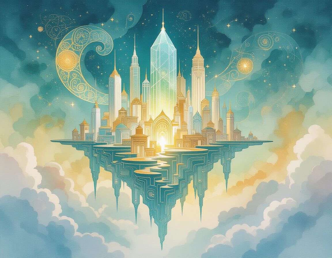 Ethereal Floating City in Chinese Ink Style