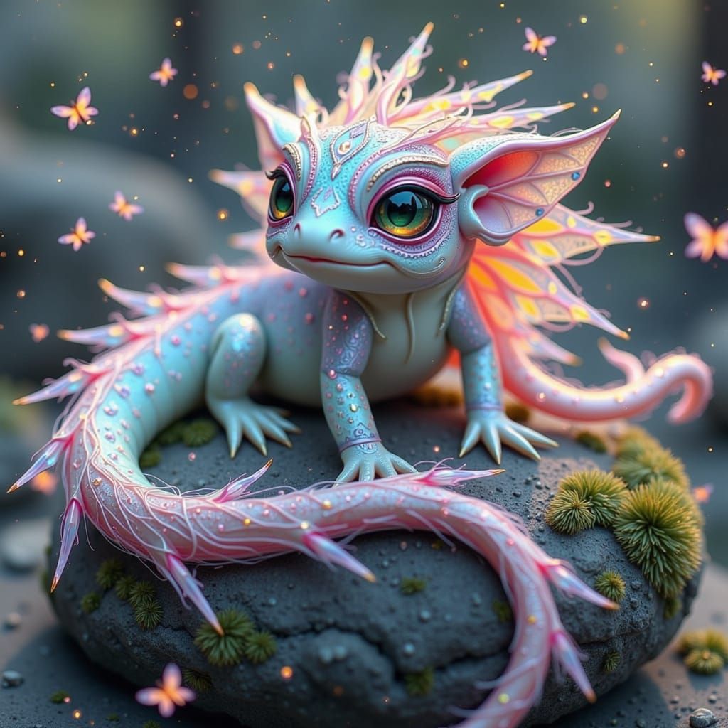 Whimsical Reptile in Ethereal Glow, Weathered Stone