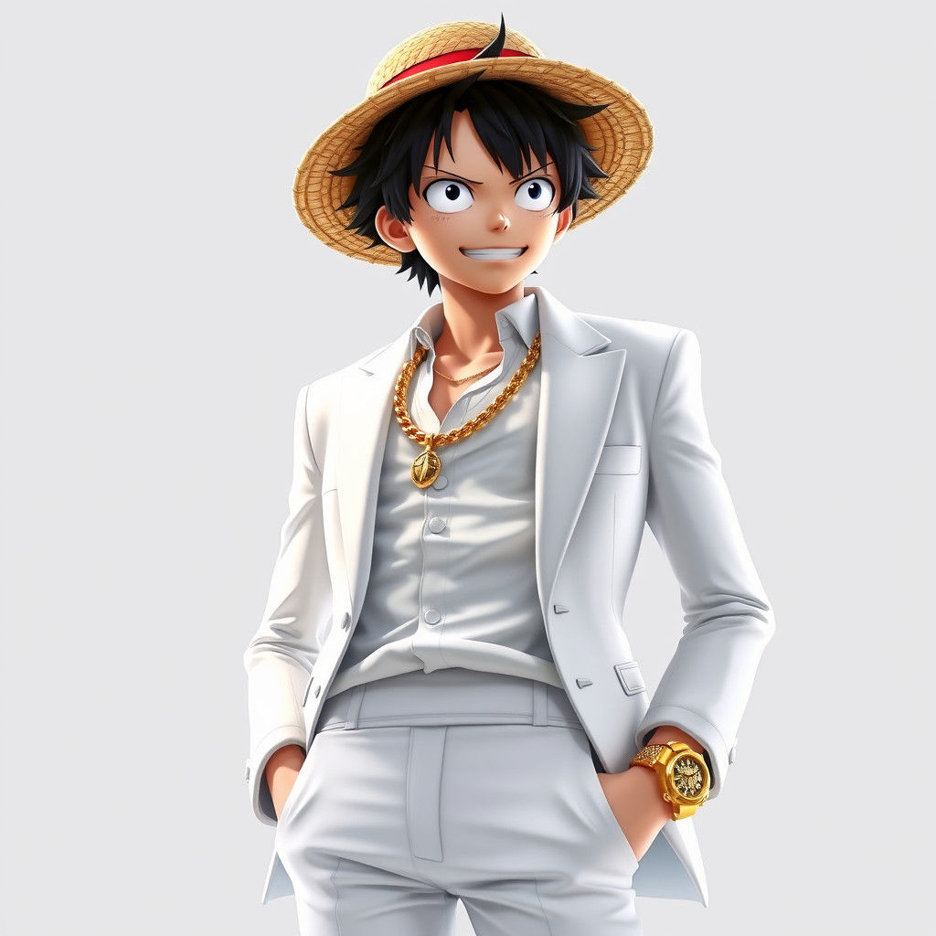Luffy in White Suit with Gold Jewelry, Anime Style