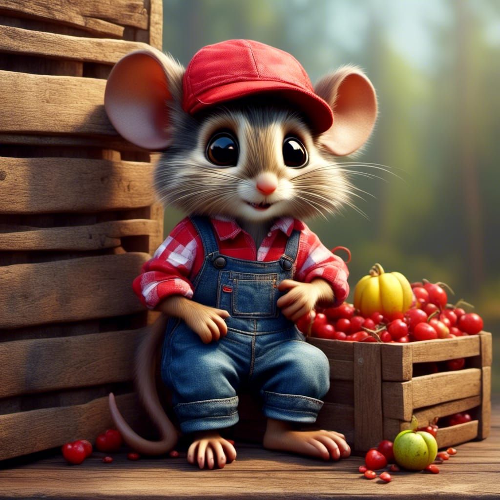 Cute Mouse with Big Eyes in Overalls