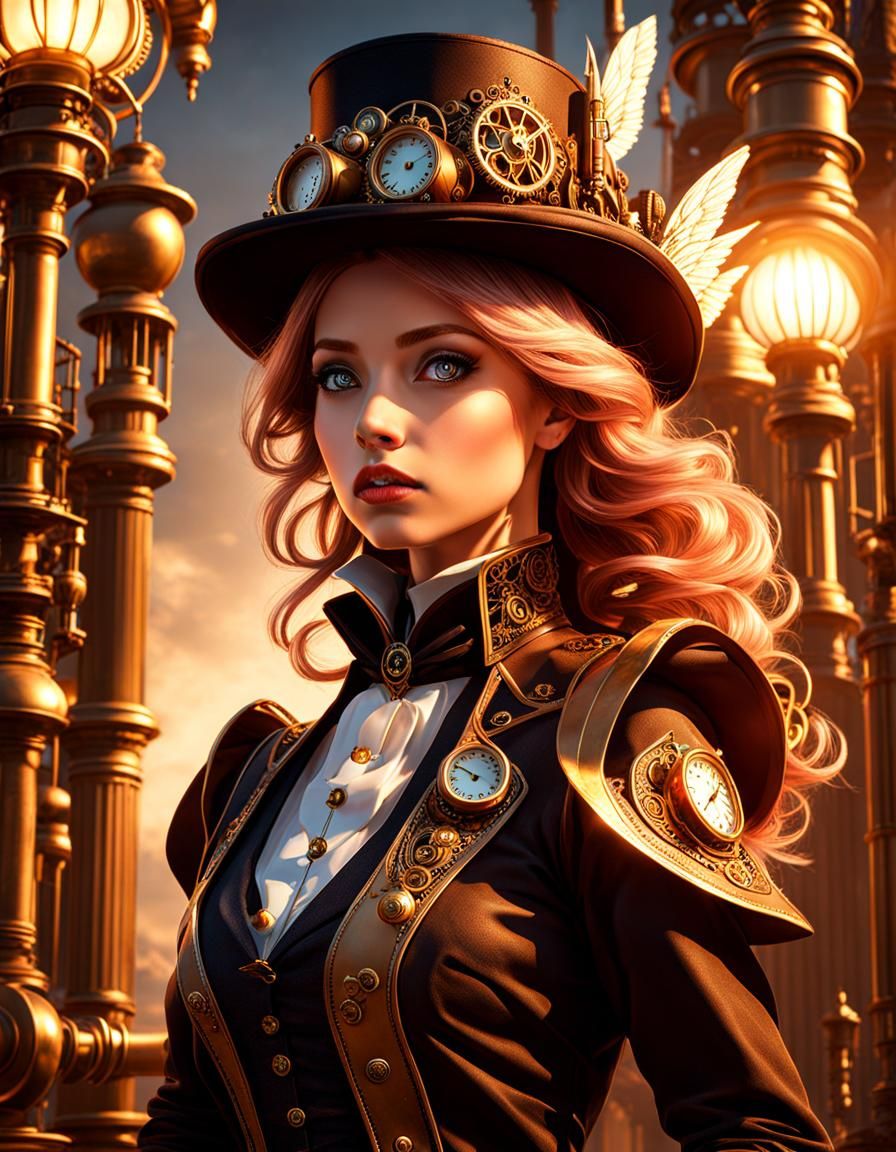 Steampunk Heroine in Magic Hour Lighting
