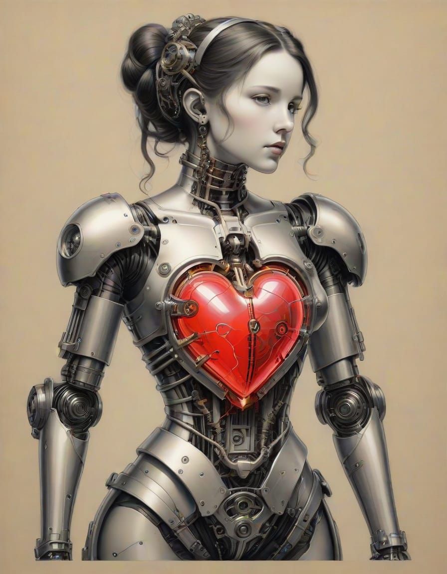 Steampunk_cyborg exposed_mechanical_heart, ((Bouguereau)) , pencil_sketch , ((neon_tracing))