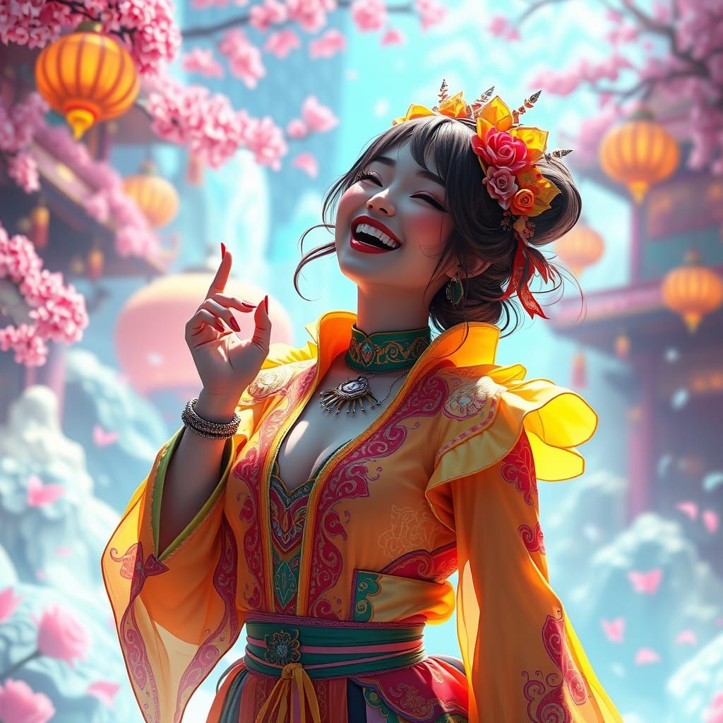 Laughing Woman in Dreamlike Anime Art