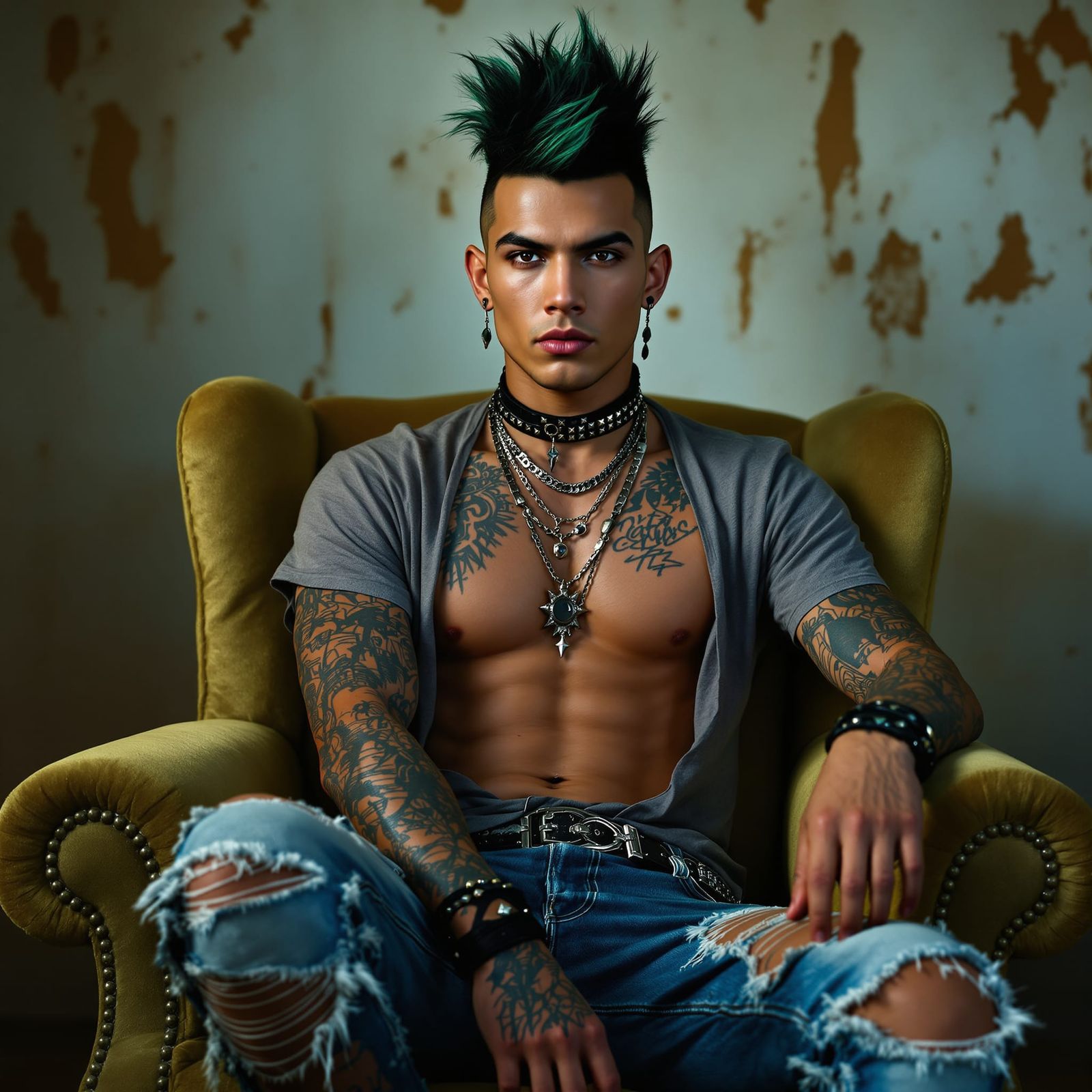 Punk Man in Vintage Chair with Mohawk