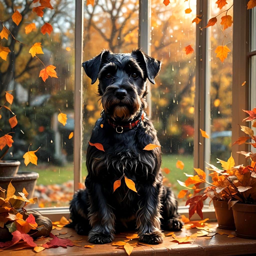 Happy Schnauzer Playing in Autumn Rain