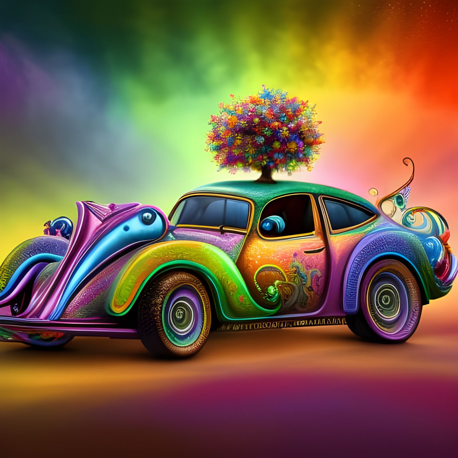 Rainbow Fantasy Car in Enchanted Forest, Hyperdetailed Art