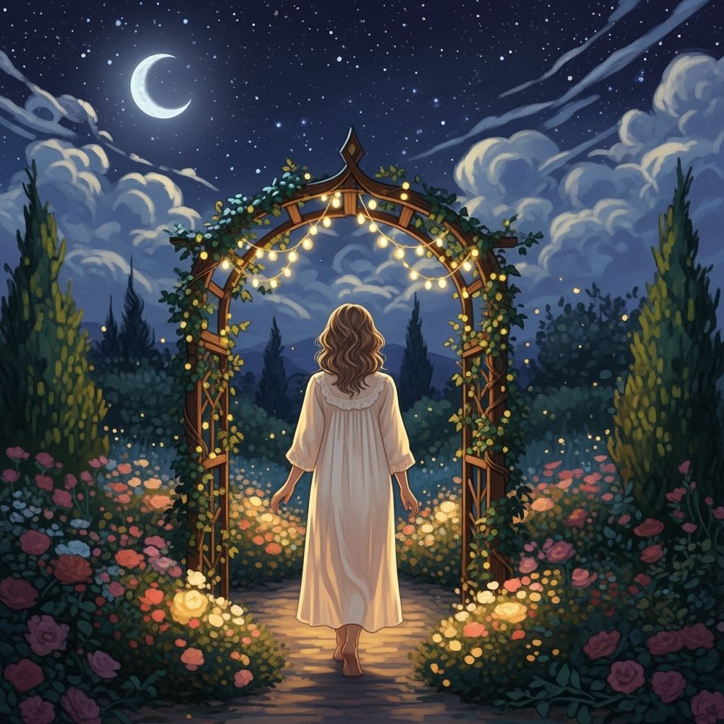 Woman Walks Through Moonlit Garden in Van Gogh Style