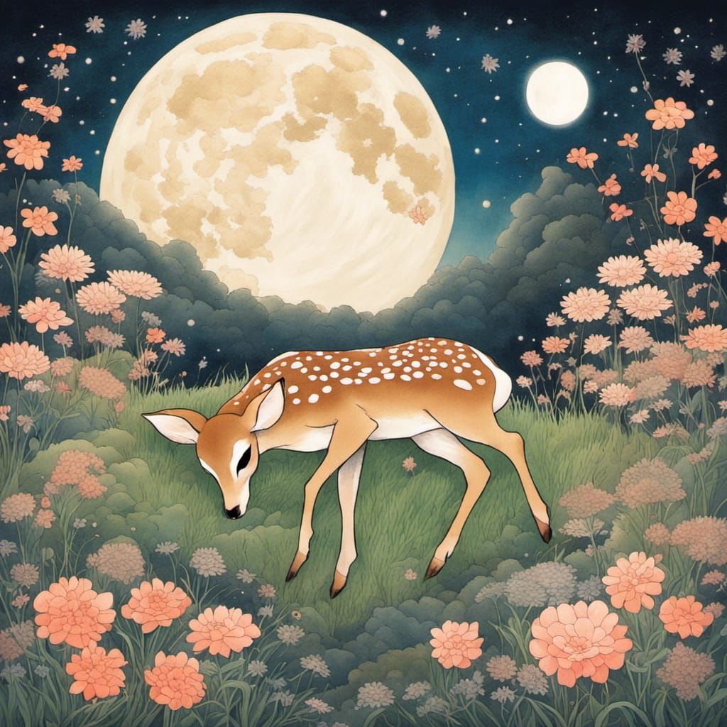 Fawn's Dream: Japanese Illustration Under Galaxy Moon