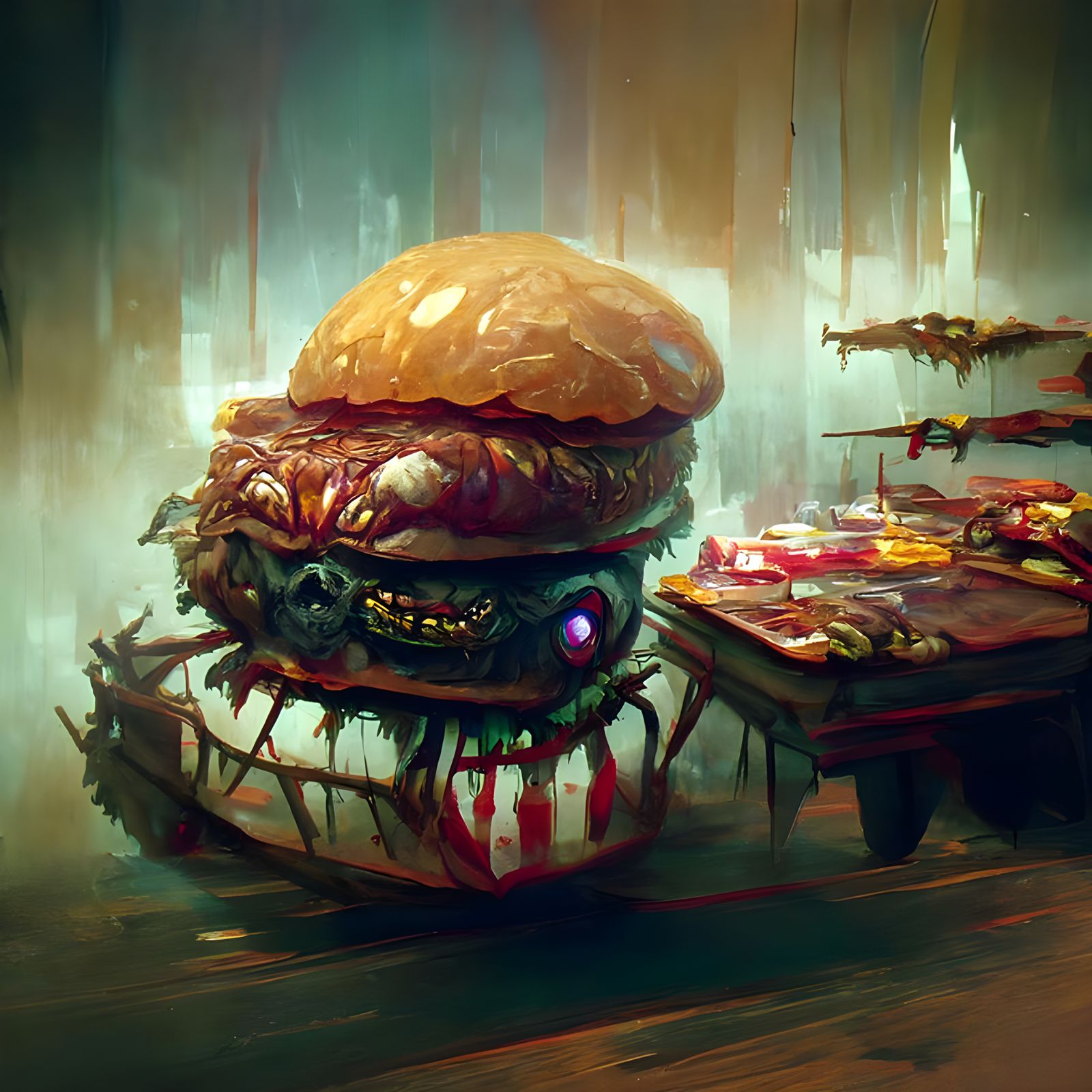 Sinister Hamburger in Dark Fantasy Style