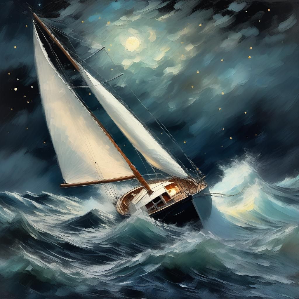 Sailboat in Stormy Seas: An Impressionistic Oil Painting