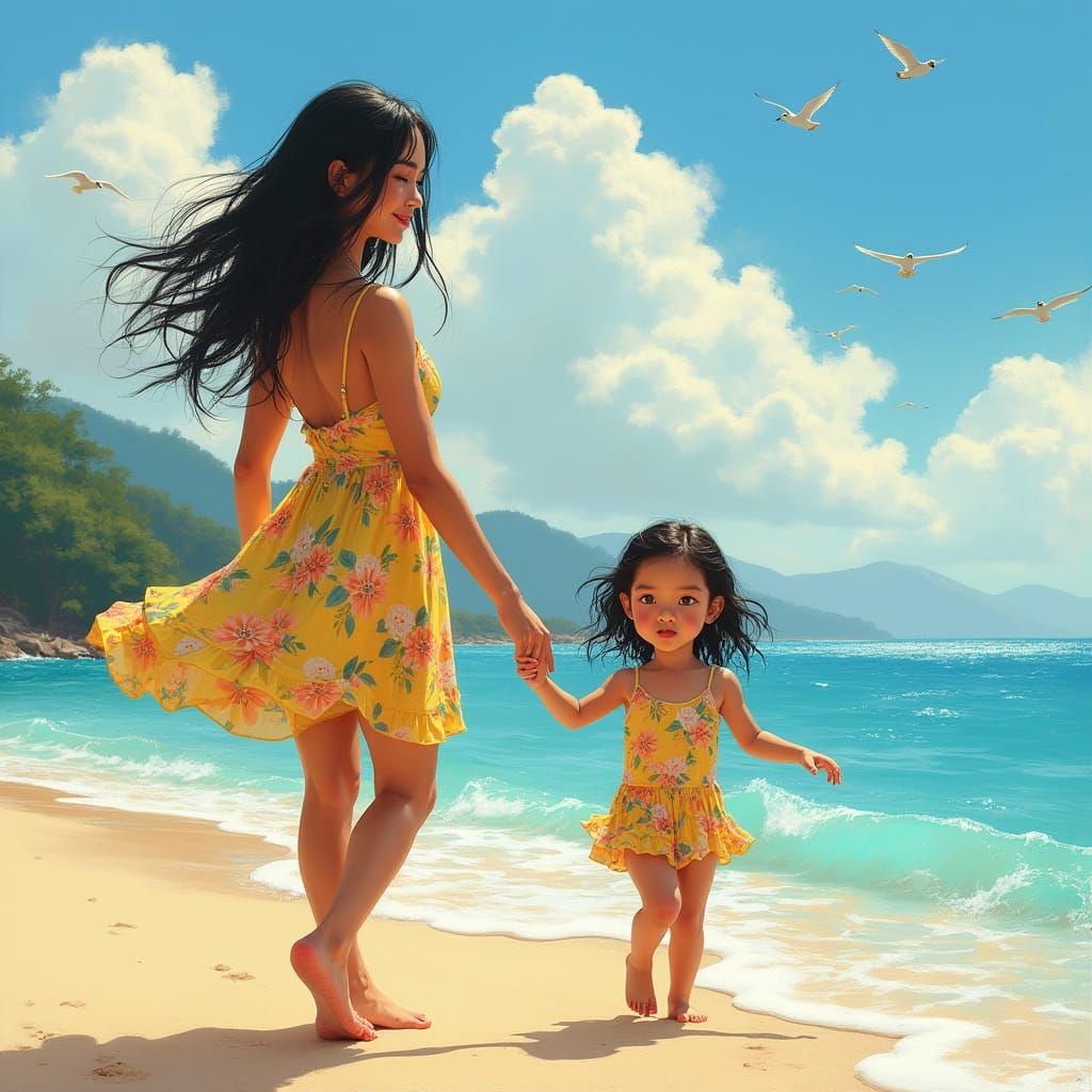 Filipina Mother and Daughter Stroll on Beach in Whimsical St...