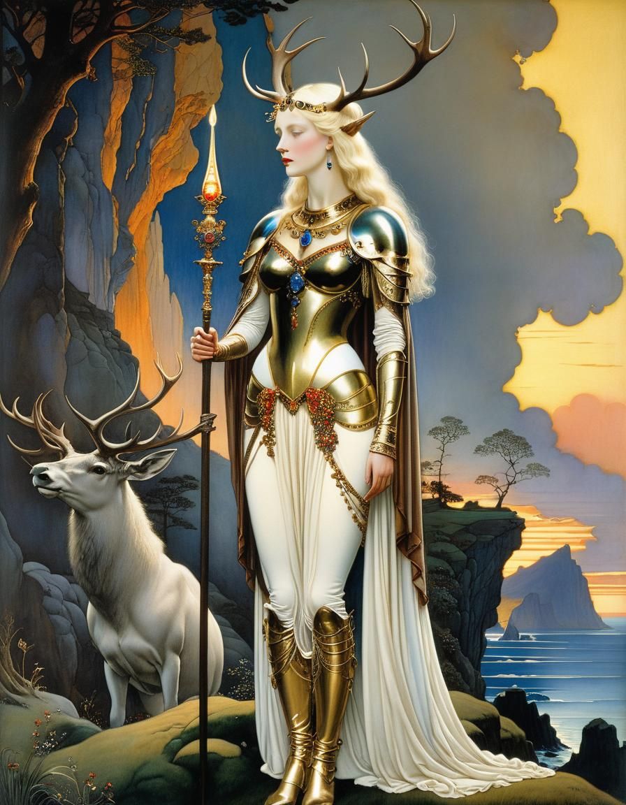 Blond Woman With Stag Antlers in White Armour at Sunset